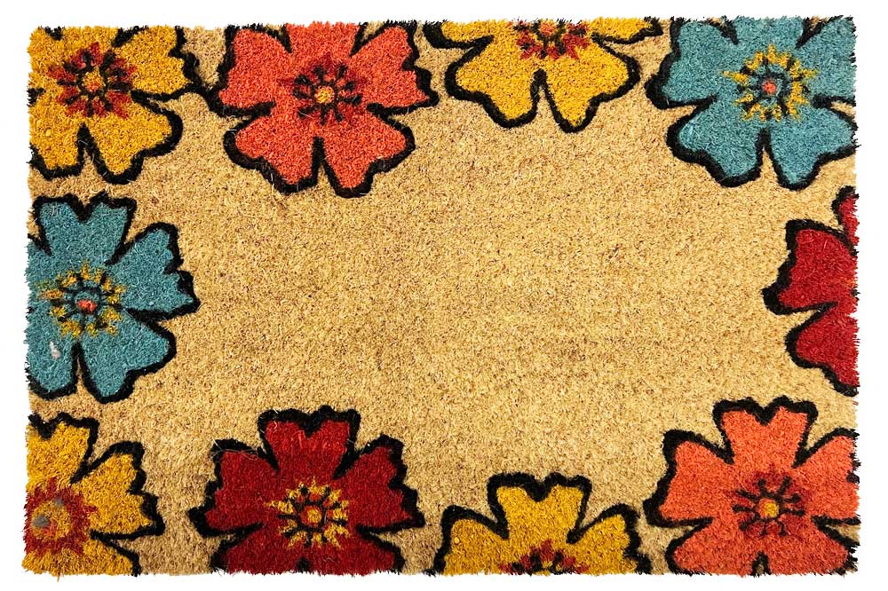 RM24 Kokos-Fussmatte - Bodenmatte, 40 x 60 cm, mit farbigen Blumen