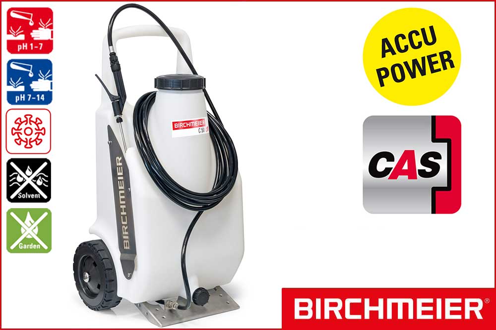 BIRCHMEIER Zweirad Akku-Drucksprühgerät C 50 DC für Säuren und Laugen, 50 Liter