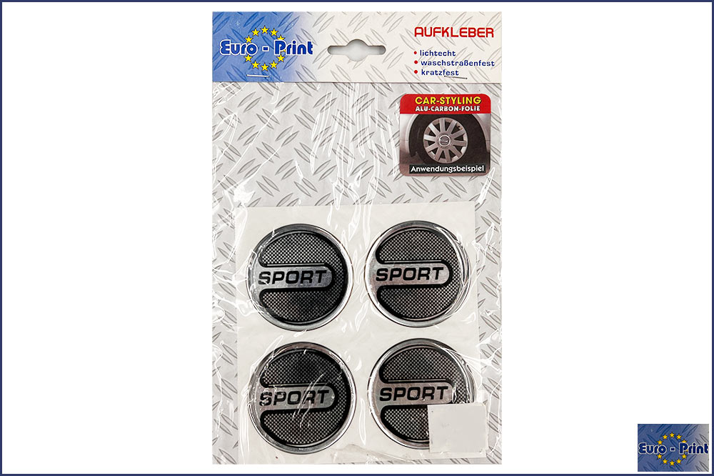 Euro-Print Nabenkappen 3D Aufkleber für Auto-Felge, Alu-Carbon-Folie SPORT, 4 Stück