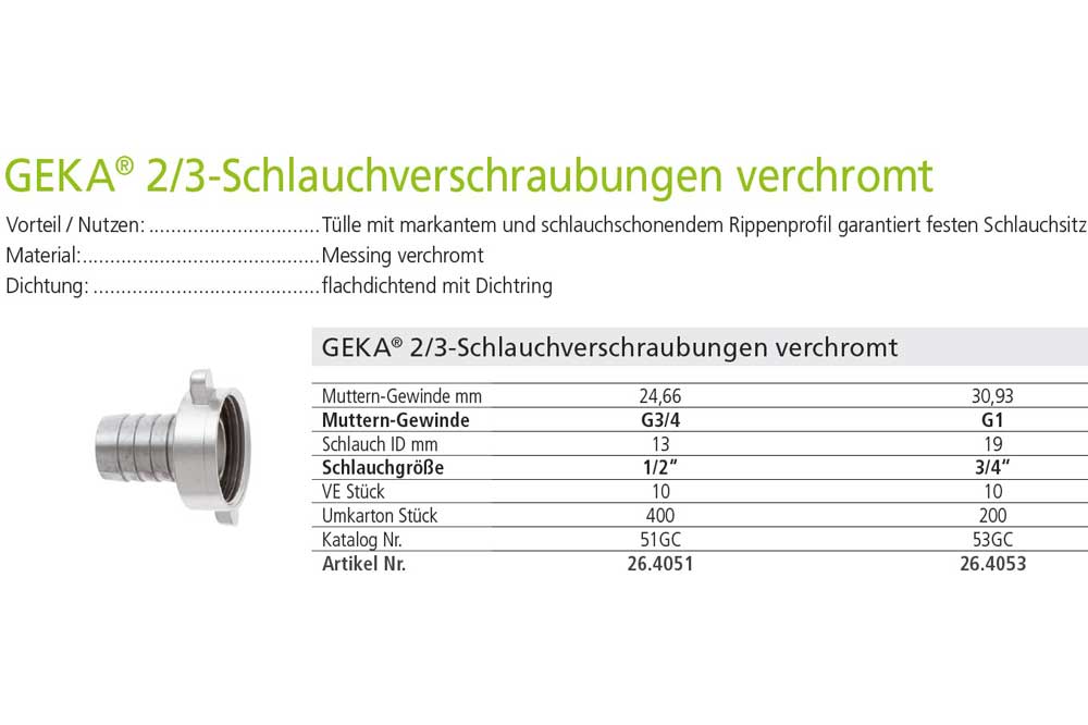 GEKA 26.4051 2/3-Schlauchverschraubung, IG 3/4 Zoll mit Schlauchtülle 13 mm, Messing verchromt – Bild 2