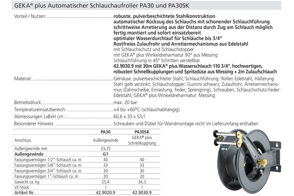 GEKA plus PA30 Automatischer Schlauchaufroller, Stahl pulverbeschichtet – Bild 3