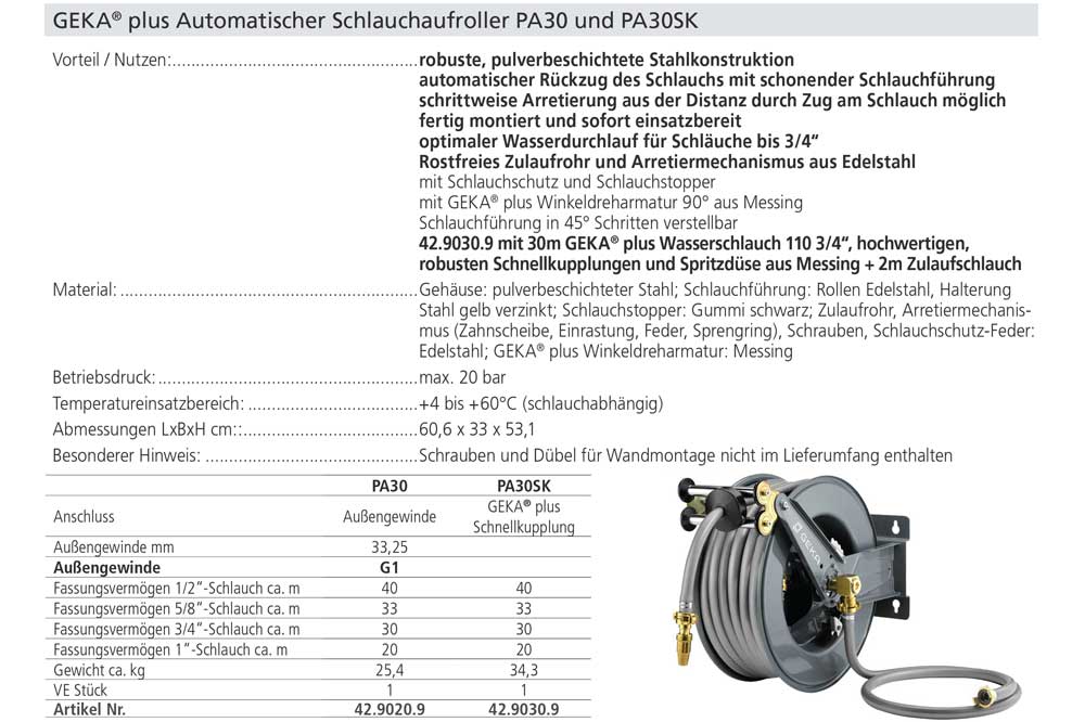GEKA plus PA30SK Automatischer Schlauchaufroller mit 3/4 Zoll Schlauch 30 Meter – Bild 3