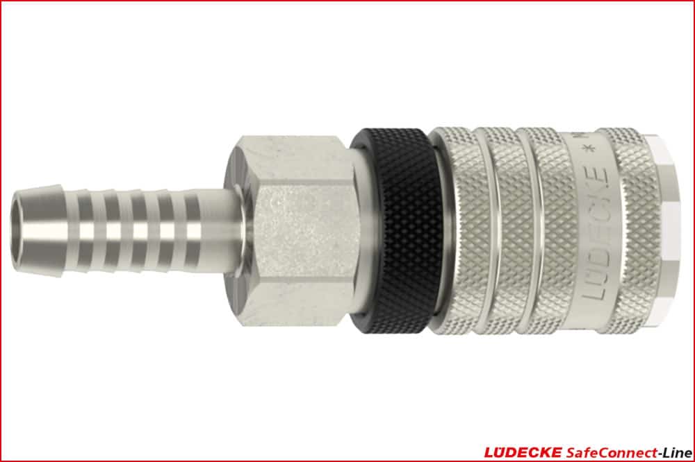 LÜDECKE ESI 13 TM Steckkupplung DN 7.8 mit Entriegelungssicherung und Schlauchtülle, einseitig absperrend