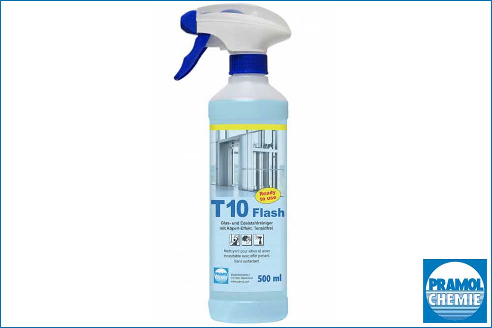 PRAMOL 10156.00153 T10 Flash - Tensidfreier Glas- und Edelstahlreiniger mit Abperl-Effekt, 500 ml