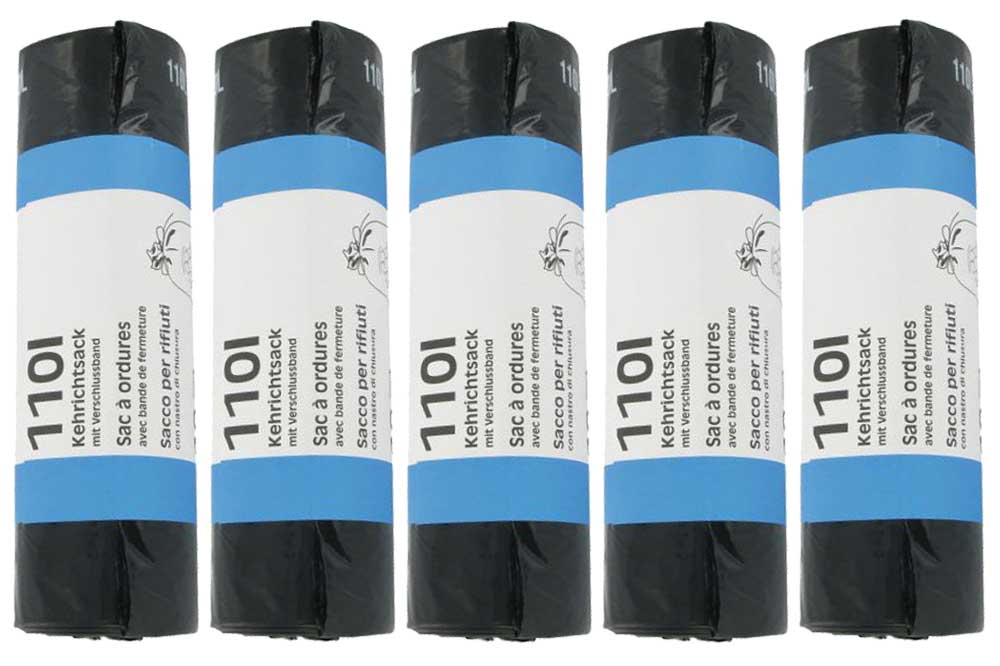 FLEXIPLAST R-Logo-Kehrichtsäcke, 28my, schwarz, 110 Liter, 5 Rollen à 10 Stück