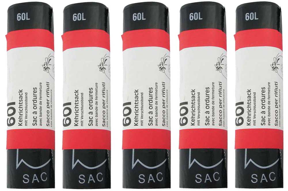 FLEXIPLAST R-Logo-Kehrichtsäcke, 24my, schwarz, 60 Liter, 5 Rollen à 10 Stück